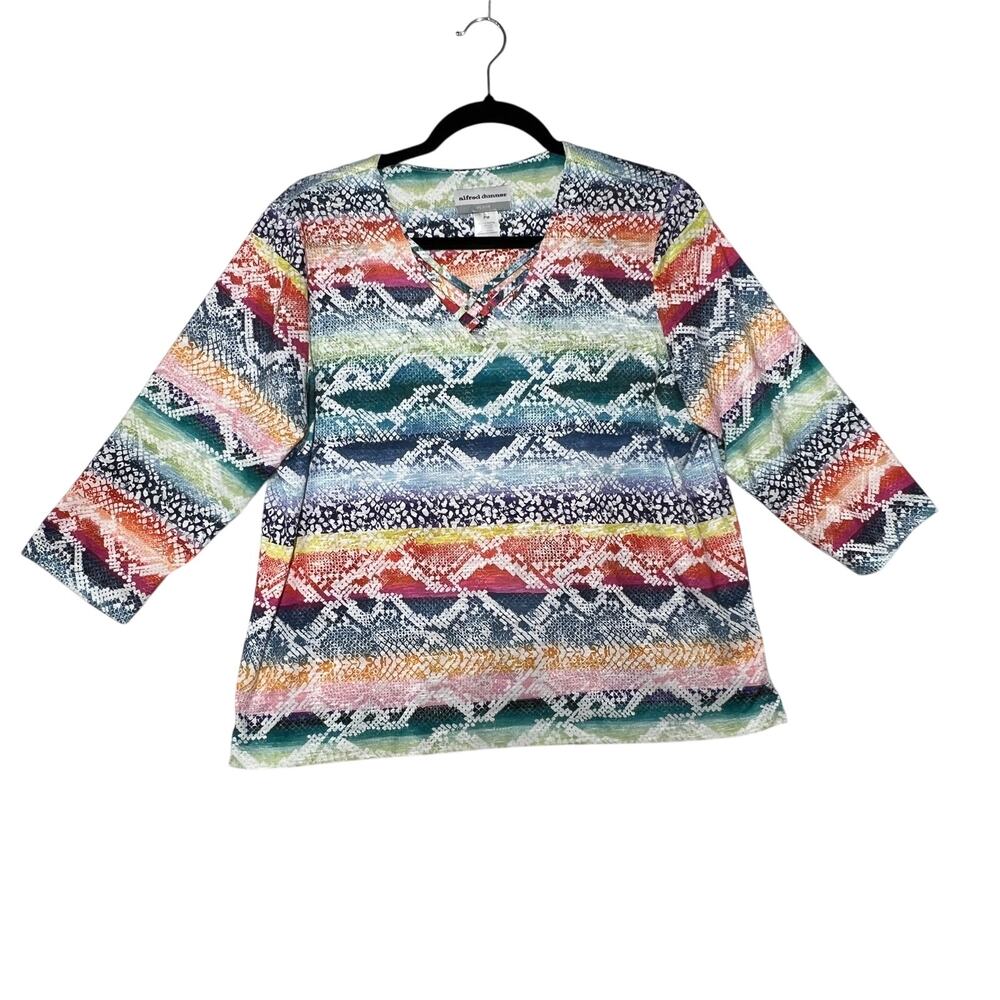 ALFRED DUNNER Blouse Womens Petite Medium Multicolor Print Stretch V Neck